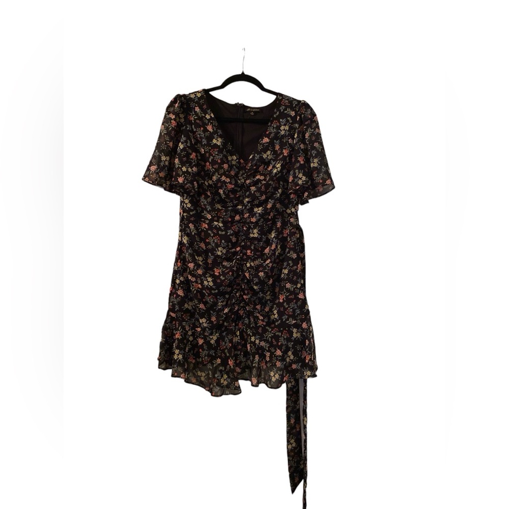 Shinestar Black Floral Fully Lined Dress with matching Fabric Belt